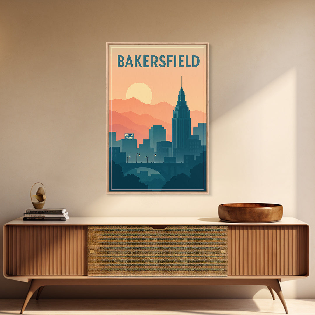 Bakersfield Travel Poster, Canvas Print, Classic Travel Poster Art, Bakersfield Poster Print, City Illustration, Vintage Travel Art