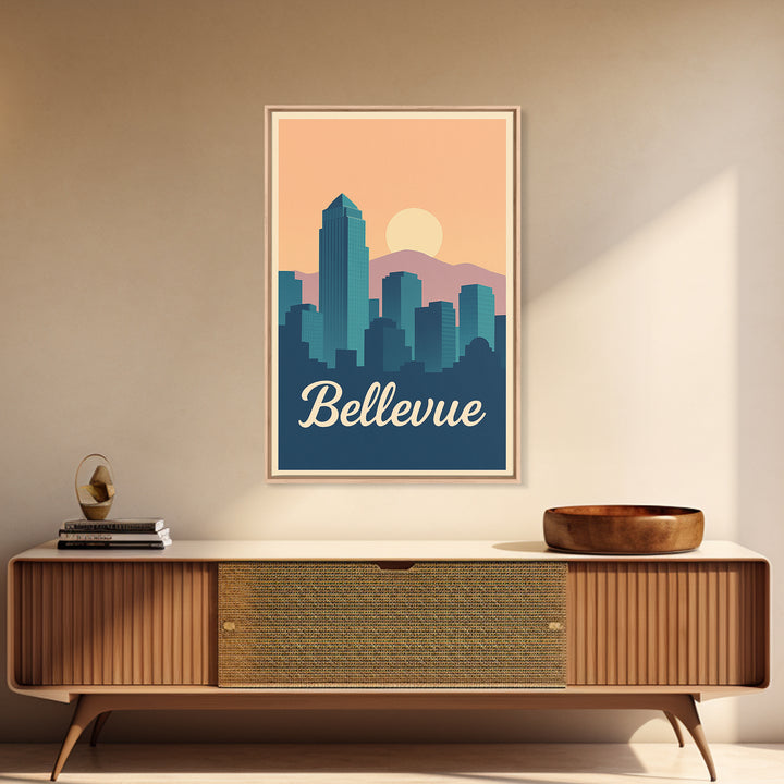 Bellevue Washington Travel Poster, Canvas Print, Retro Sunset Skyline Art, Bellevue Poster Print, Retro Travel Print, Art Print, Poster Art