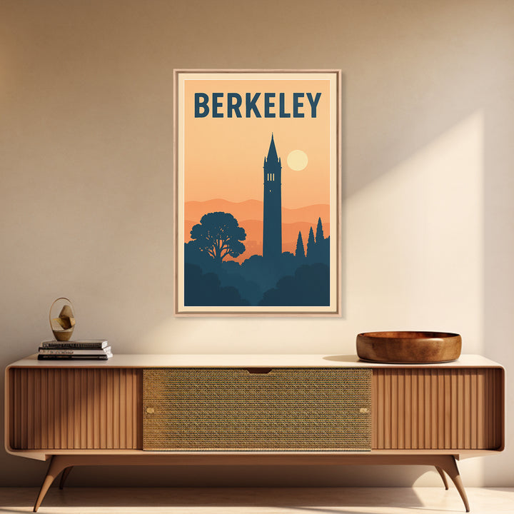 Berkeley Travel Poster, Framed Canvas Print, Retro Sunset Skyline Art, Berkeley Poster Print, Travel Wall Decor, Watercolor Urban Skyline