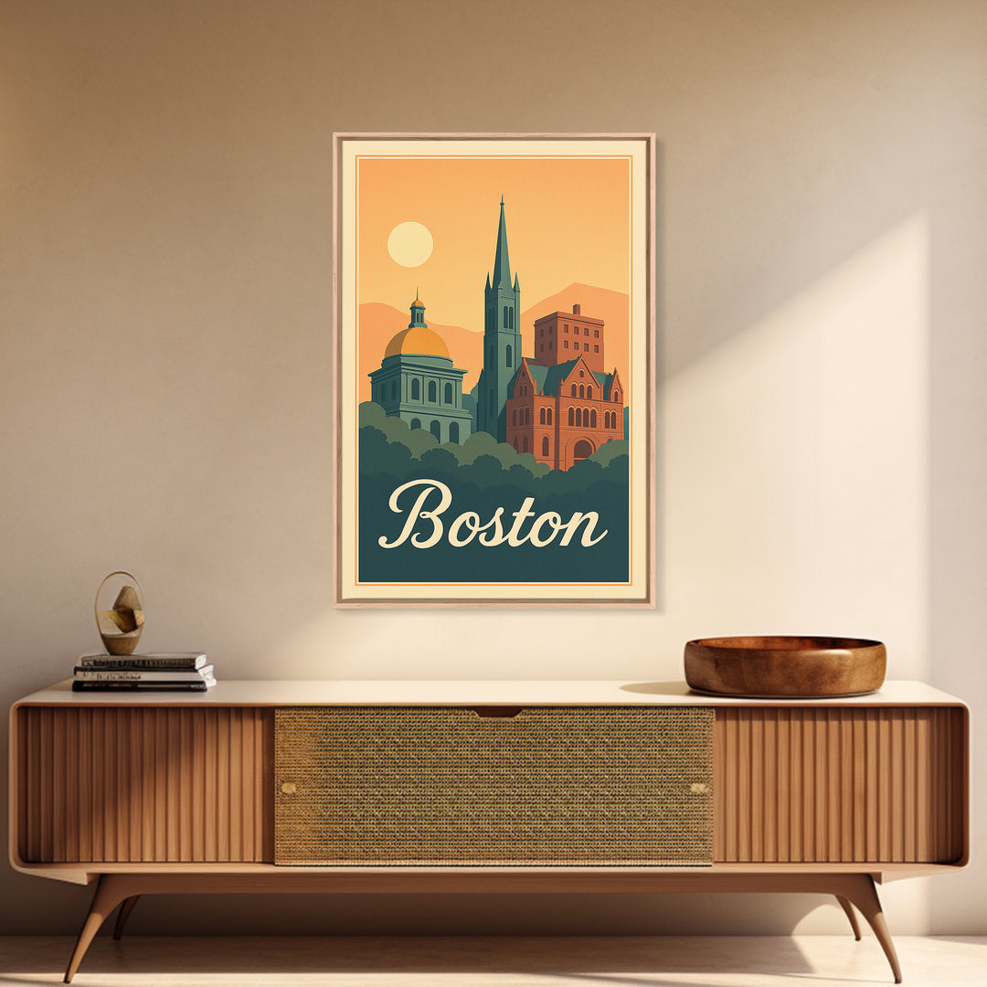 Boston Massachusetts Travel Poster, Framed Canvas Print, Retro Sunset Skyline Art, Boston Art Print, Mid Century Wall Art, City Illustration