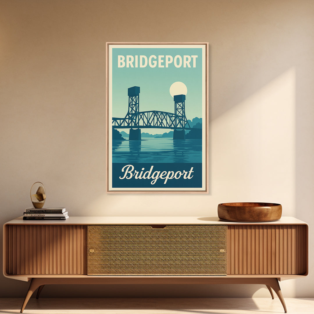 Bridgeport Connecticut Travel Poster, Canvas Print, Retro Sunset Skyline Art, Bridgeport Wall Art, City Travel Prints, Travel Poster Art
