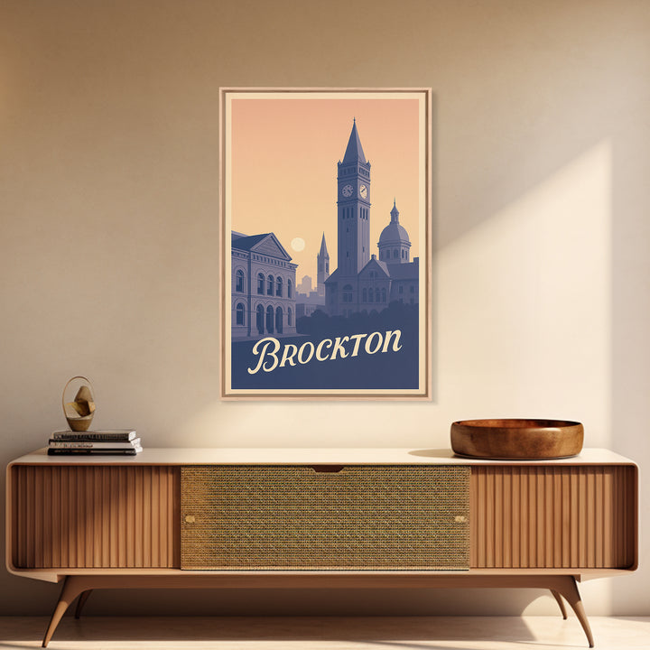 Brockton Travel Poster, Framed Canvas Print, Classic Travel Poster Art, Brockton Wall Art, Watercolor Urban Skyline, Fine Art Print