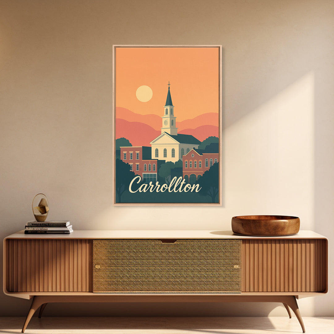 Carrollton Texas Travel Poster, Canvas Print, Mid Century City Wall Art, Carrollton Travel Art, Travel Poster Art, Vintage Travel Art