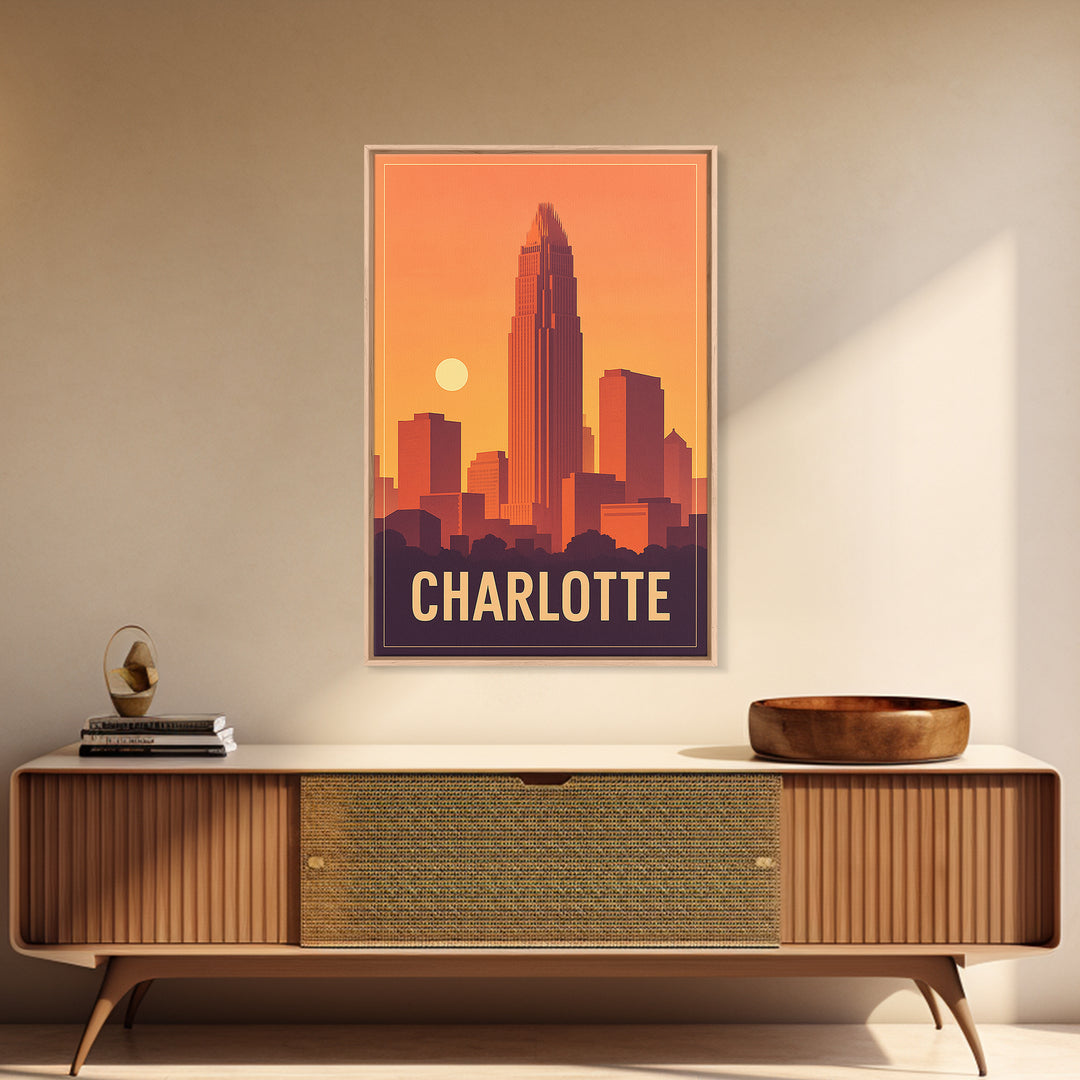 Charlotte Travel Poster, Framed Canvas Print, Classic Travel Poster Art, Charlotte Art Print, Home Office Decor, Mid Century Wall Art