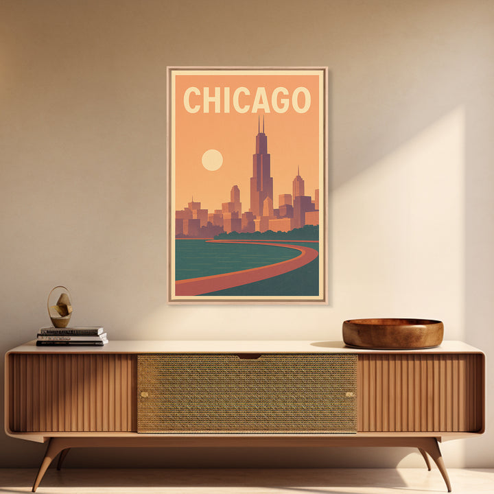 Chicago Illinois Travel Poster, Framed Canvas Print, Retro Sunset Skyline Art, Chicago Travel Art, Retro Travel Print, Home Office Decor