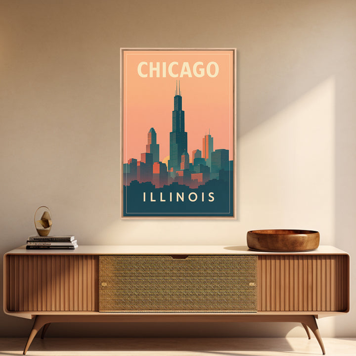 Chicago Travel Poster, Framed Canvas Print, Classic Travel Poster Art, Chicago Wall Art, Vintage City Poster, Mid Century Wall Art