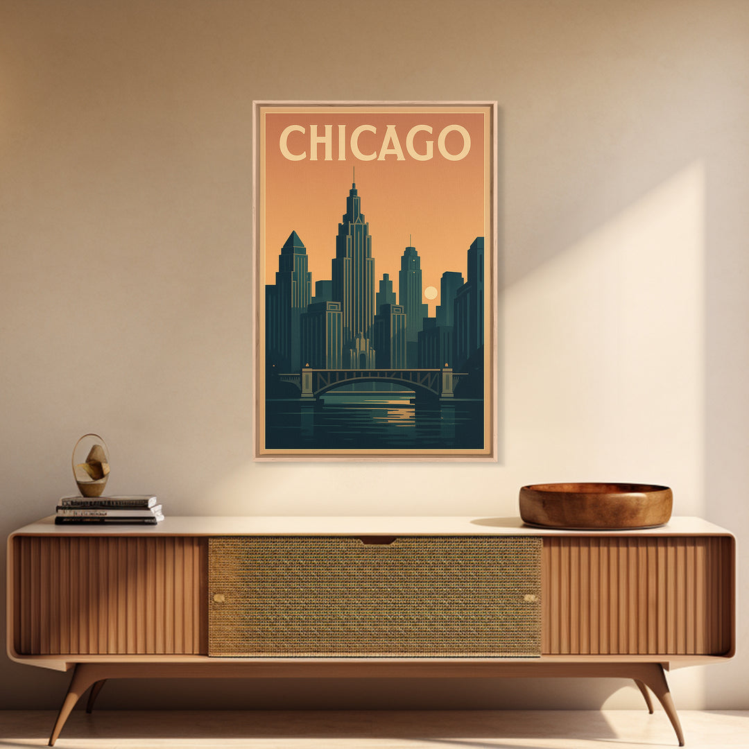 Chicago Travel Poster, Framed Canvas Print, Retro Sunset Skyline Art, Chicago Poster Print, Travel Poster Set, Vintage City Poster