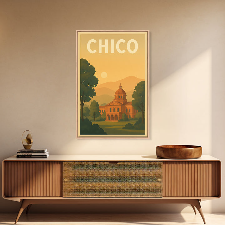 Chico Travel Poster, Framed Canvas Print, Mid Century City Wall Art, Chico Poster Print, City Illustration, Travel Poster Set, Design 2