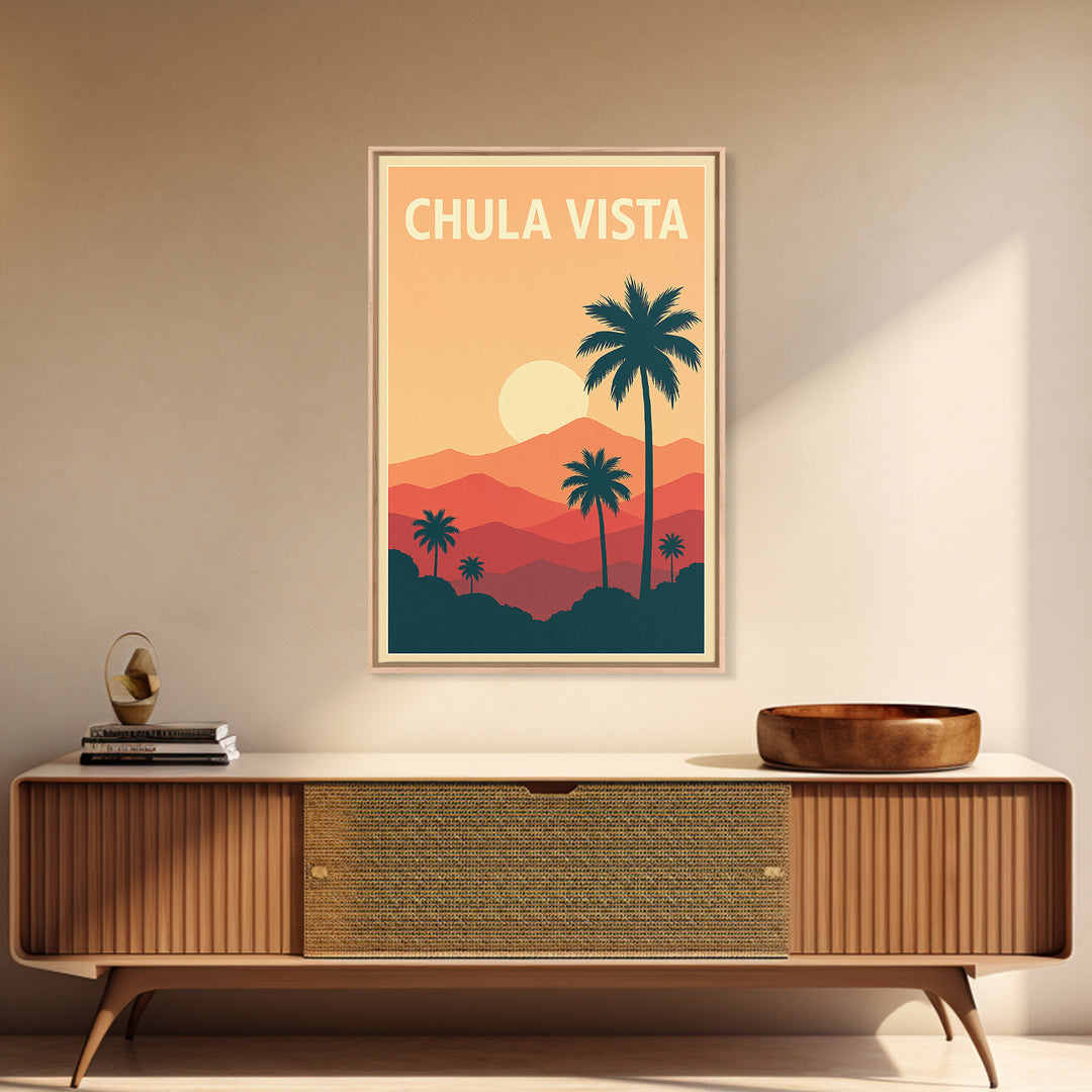 Chula Vista Travel Poster, Framed Canvas Print, Retro Sunset Skyline Art, Chula Vista Poster Print, Vintage City Poster, City Art Print