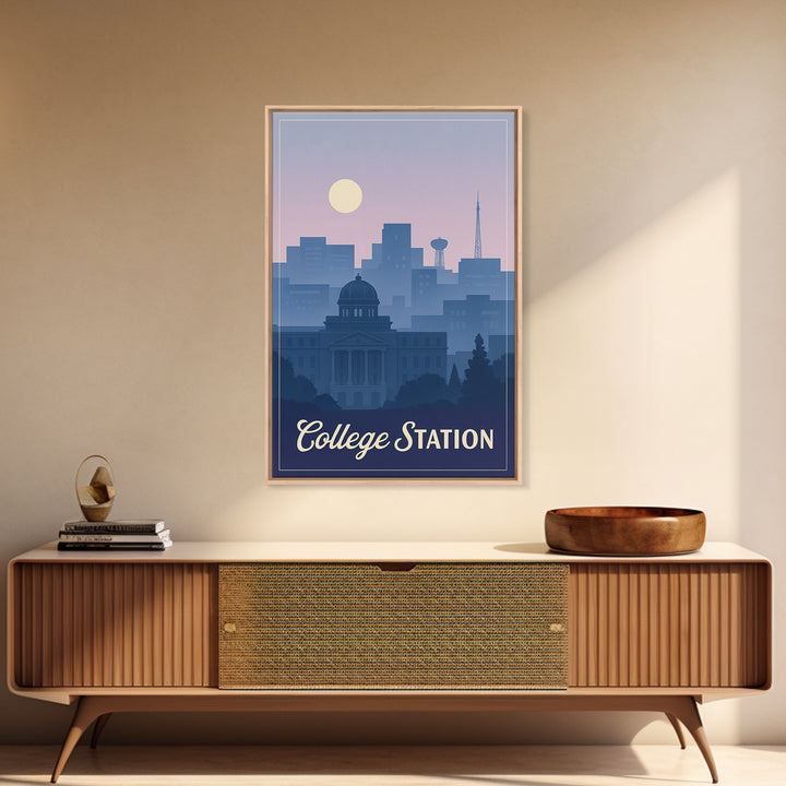 College Station Travel Poster, Framed Canvas Print, Retro Sunset Skyline Art, College Station City Art, Home Office Decor, Travel Art Print