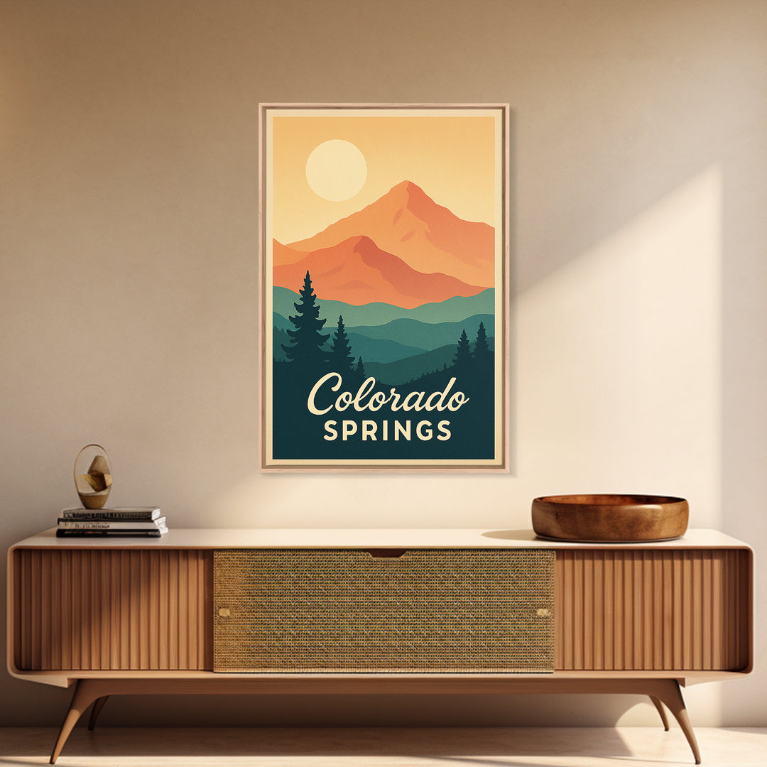 Colorado Springs Colorado Travel Poster, Framed Canvas Print, Retro Sunset Skyline Art, Colorado Springs Travel Art, Living Room Wall Art