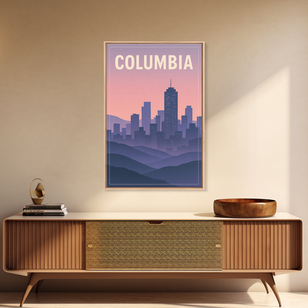 Columbia South Carolina Travel Poster, Canvas Print, Retro Sunset Skyline Art, Columbia City Art, Watercolor Skyline, Gift For Travelers