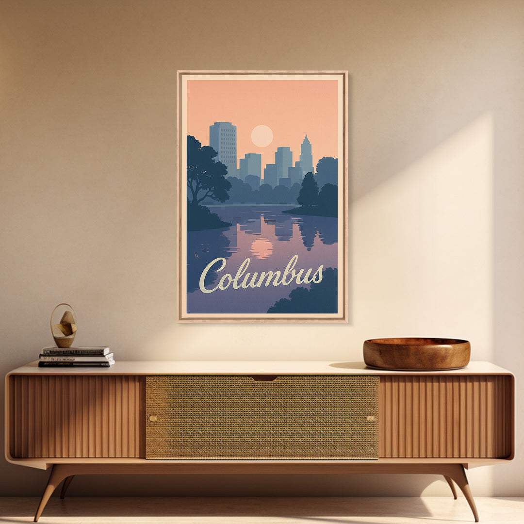 Columbus Travel Poster, Framed Canvas Print, Retro Sunset Skyline Art, Columbus Wall Art, Modern Wall Decor, Retro Travel Print