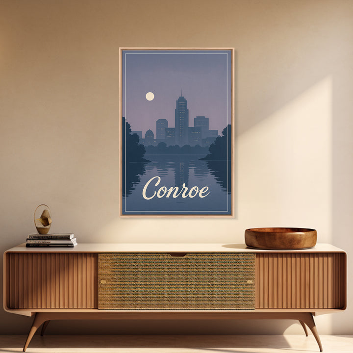 Conroe Travel Poster, Framed Canvas Print, Mid Century City Wall Art, Conroe Travel Art, Living Room Wall Art, Vintage City Poster