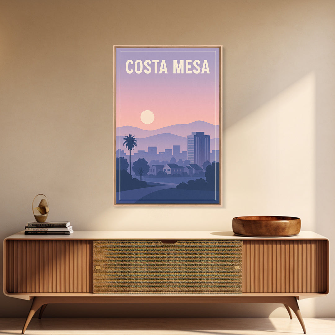 Costa Mesa California Travel Poster, Canvas Print, Mid Century City Wall Art, Costa Mesa City Art, Art Print, Watercolor Downtown Skyline