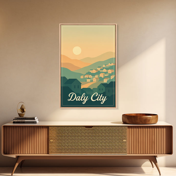 Daly City California Travel Poster, Canvas Print, Retro Sunset Skyline Art, Daly City Art Print, Gift For Travelers, Living Room Wall Art