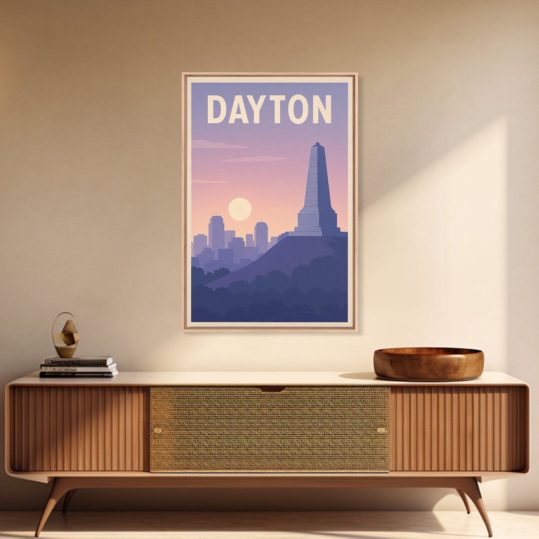 Dayton Ohio Travel Poster, Framed Canvas Print, Mid Century City Wall Art, Dayton Poster Print, Watercolor City Skyline, Retro Travel Print