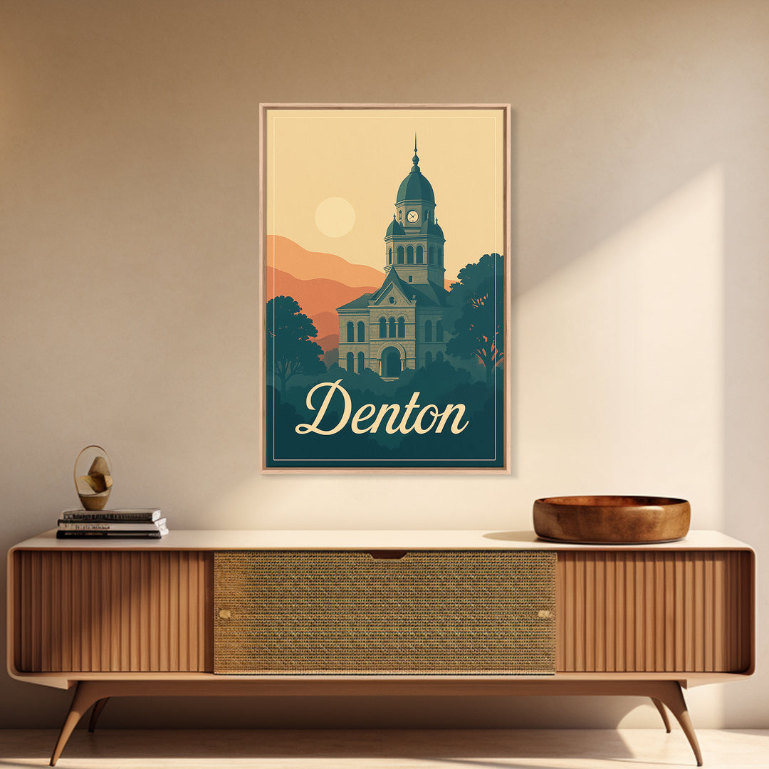 Denton Texas Travel Poster, Canvas Print, Retro Sunset Skyline Art, Denton Travel Art, Travel Poster Set, Wanderlust Decor, City Poster