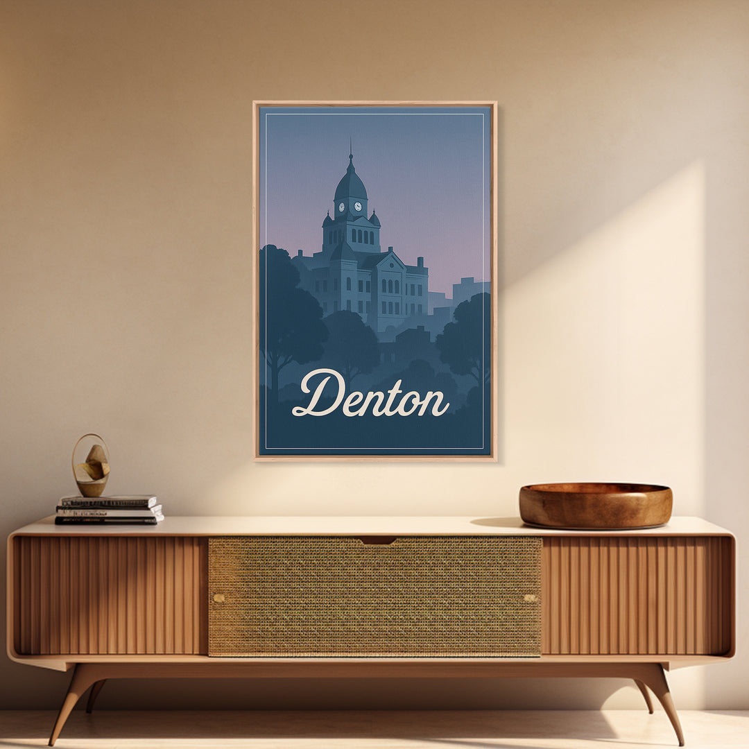 Denton Travel Poster, Framed Canvas Print, Retro Sunset Skyline Art, Denton Poster Print, Vintage Travel Art, City Travel Prints
