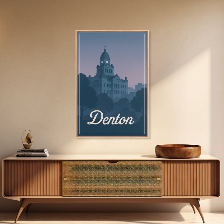 Denton Travel Poster, Framed Canvas Print, Retro Sunset Skyline Art, Denton Poster Print, Vintage Travel Art, City Travel Prints
