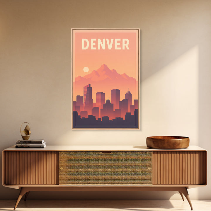 Denver Travel Poster, Framed Canvas Print, Retro Sunset Skyline Art, Denver Poster Print, Travel Poster Set, Travel Art Print, Wall Art