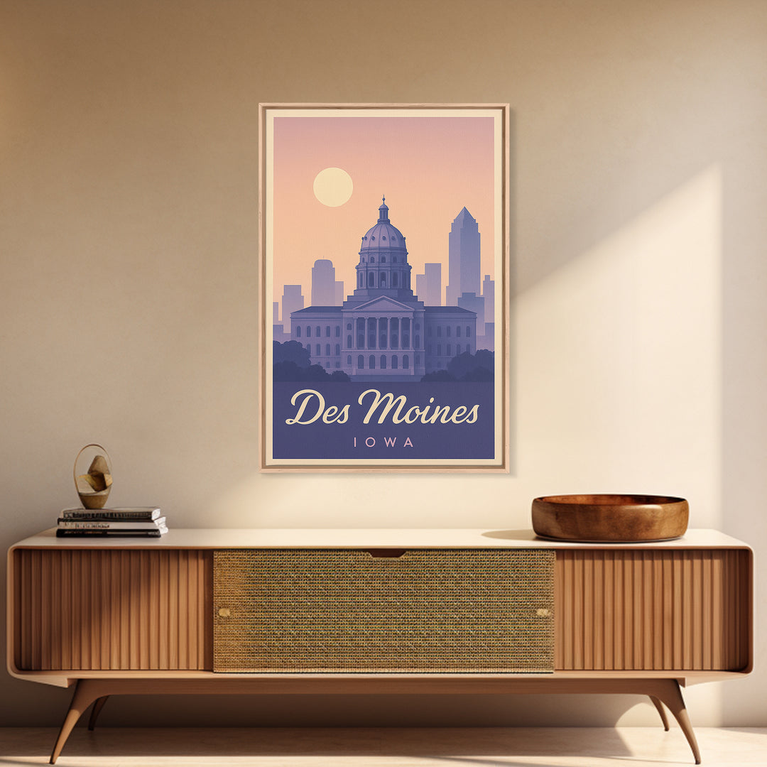 Des Moines Travel Poster, Framed Canvas Print, Retro Sunset Skyline Art, Des Moines Art Print, Vintage Travel Art, City Art Print
