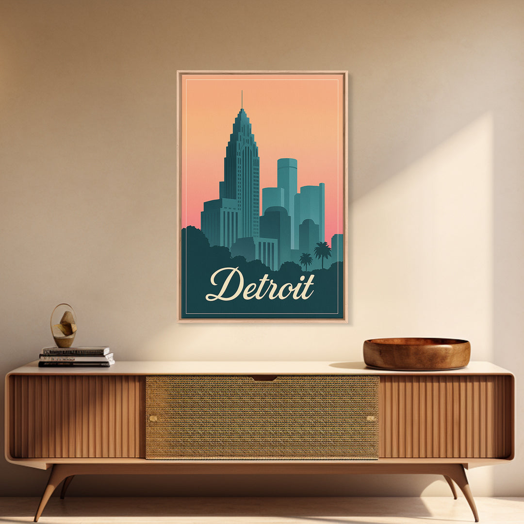 Detroit Michigan Travel Poster, Framed Canvas Print, Classic Travel Poster Art, Detroit City Art, Vintage City Art, Vintage Travel Art