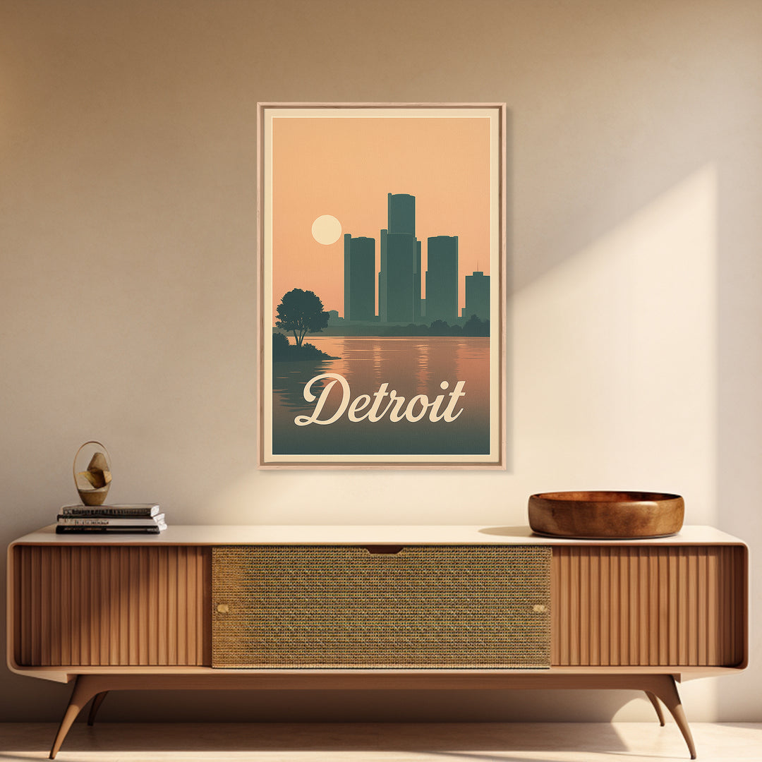 Detroit Travel Poster, Canvas Print, Retro Sunset Skyline Art, Detroit Poster Print, Home Office Decor, Travel Wall Decor, Travel Art Print