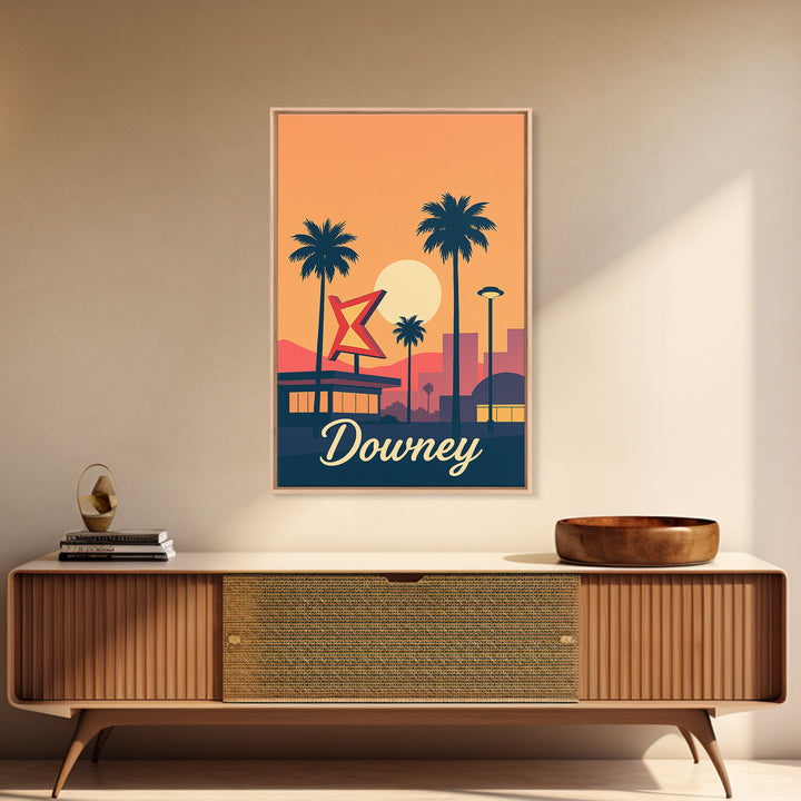 Downey California Travel Poster, Canvas Print, Retro Sunset Skyline Art, Downey City Art, Wanderlust Decor, Living Room Wall Art, Wall Art
