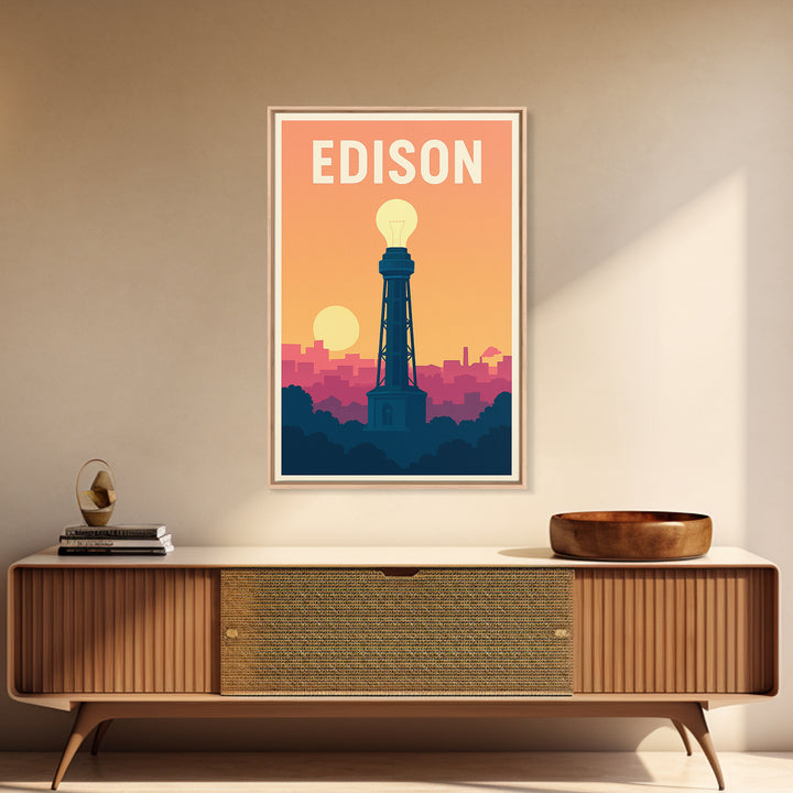 Edison Travel Poster, Framed Canvas Print, Mid Century City Wall Art, Edison Travel Art, Mid Century Wall Art, Watercolor Skyline