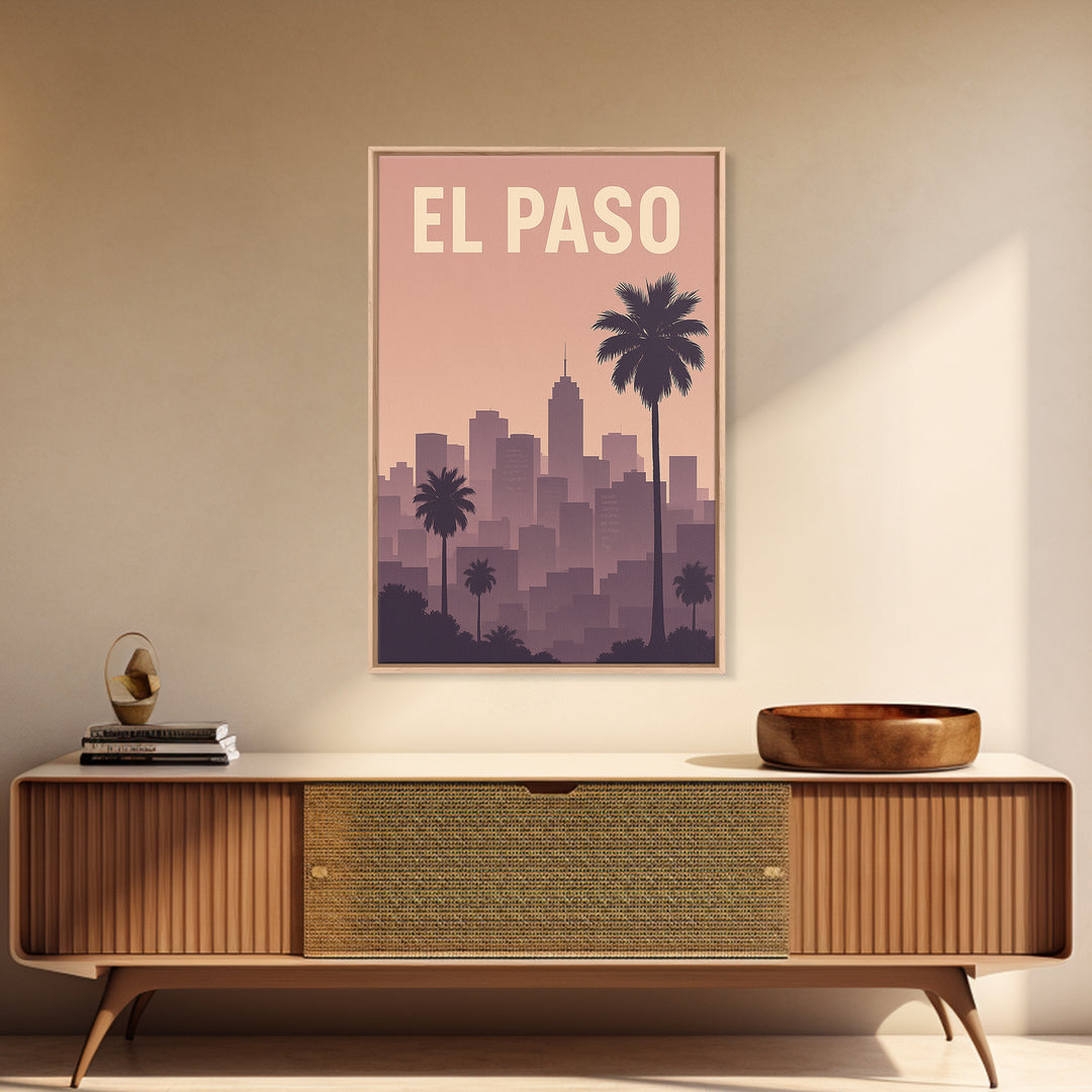 El Paso Travel Poster, Framed Canvas Print, Retro Sunset Skyline Art, El Paso Travel Art, Fine Art Print, Travel Wall Decor, City Poster