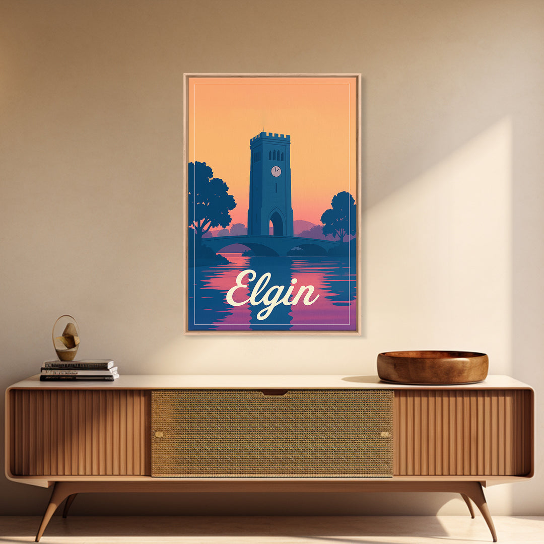 Elgin Illinois Travel Poster, Canvas Print, Retro Sunset Skyline Art, Elgin Poster Print, Fine Art Print, Retro Travel Print, Travel Posters