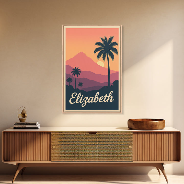 Elizabeth New Jersey Travel Poster, Canvas Print, Retro Sunset Skyline Art, Elizabeth Art Print, Travel Wall Art, Travel Art, City Art Print
