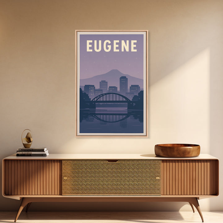 Eugene Oregon Travel Poster, Canvas Print, Retro Sunset Skyline Art, Eugene Travel Art, City Illustration, Living Room Wall Art, City Poster