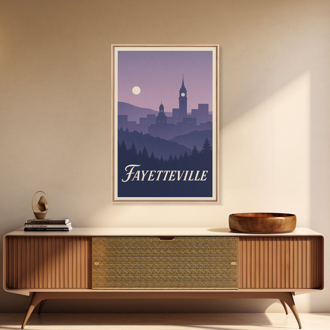 Fayetteville Travel Poster, Framed Canvas Print, Mid Century City Wall Art, Fayetteville Poster Print, Wanderlust Decor, Retro Travel Print
