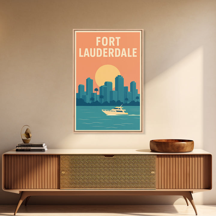 Fort Lauderdale Travel Poster, Framed Canvas Print, Retro Sunset Skyline Art, Fort Lauderdale Wall Art, Vintage Travel Print, Design 2