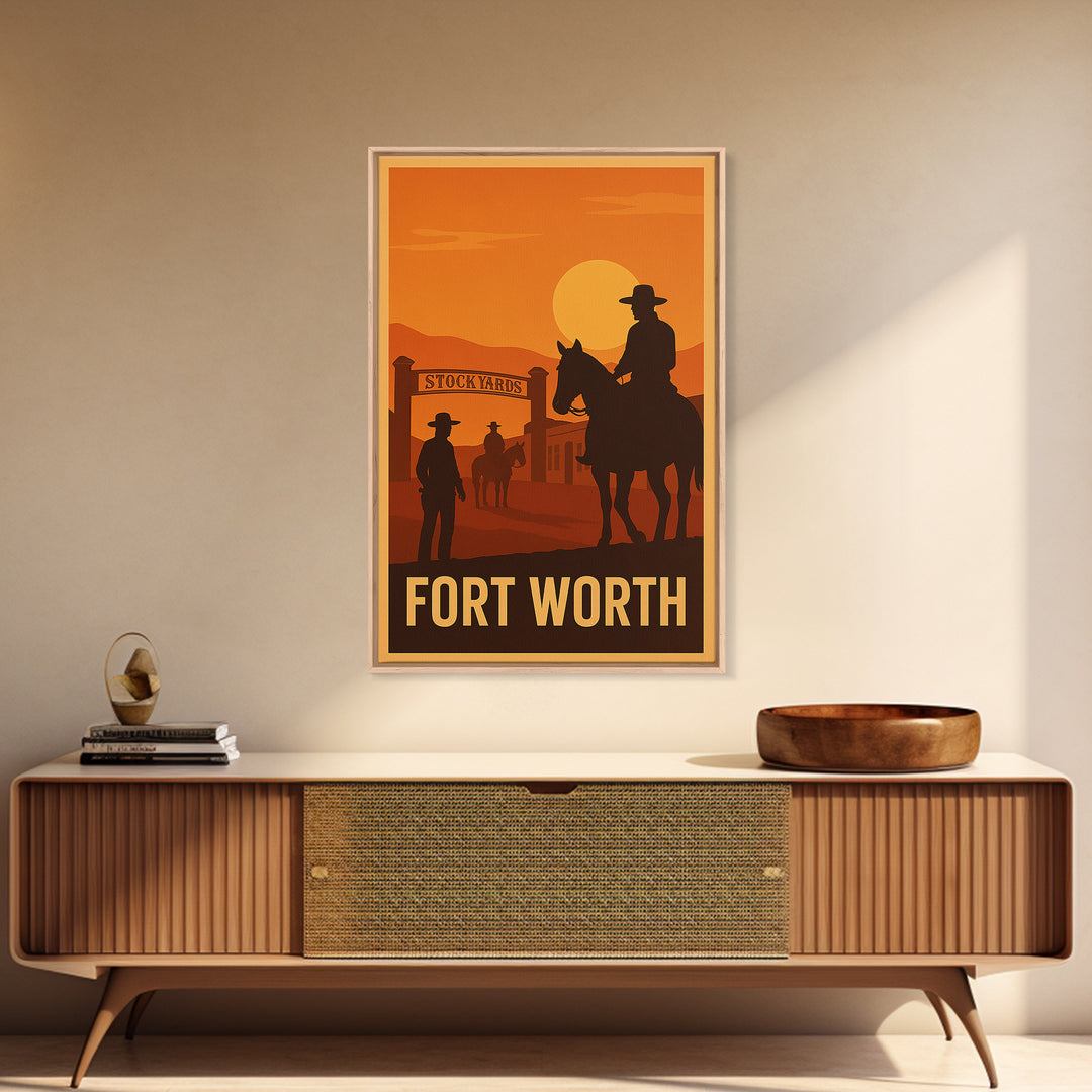 Fort Worth Travel Poster, Framed Canvas Print, Retro Sunset Skyline Art, Fort Worth Poster Print, Living Room Wall Art, Modern Wall Decor