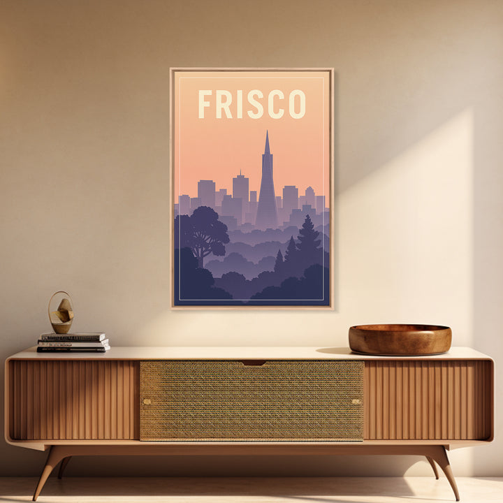 Frisco Texas Travel Poster, Canvas Print, Mid Century City Wall Art, Frisco Wall Art, Wanderlust Decor, Watercolor Downtown Skyline