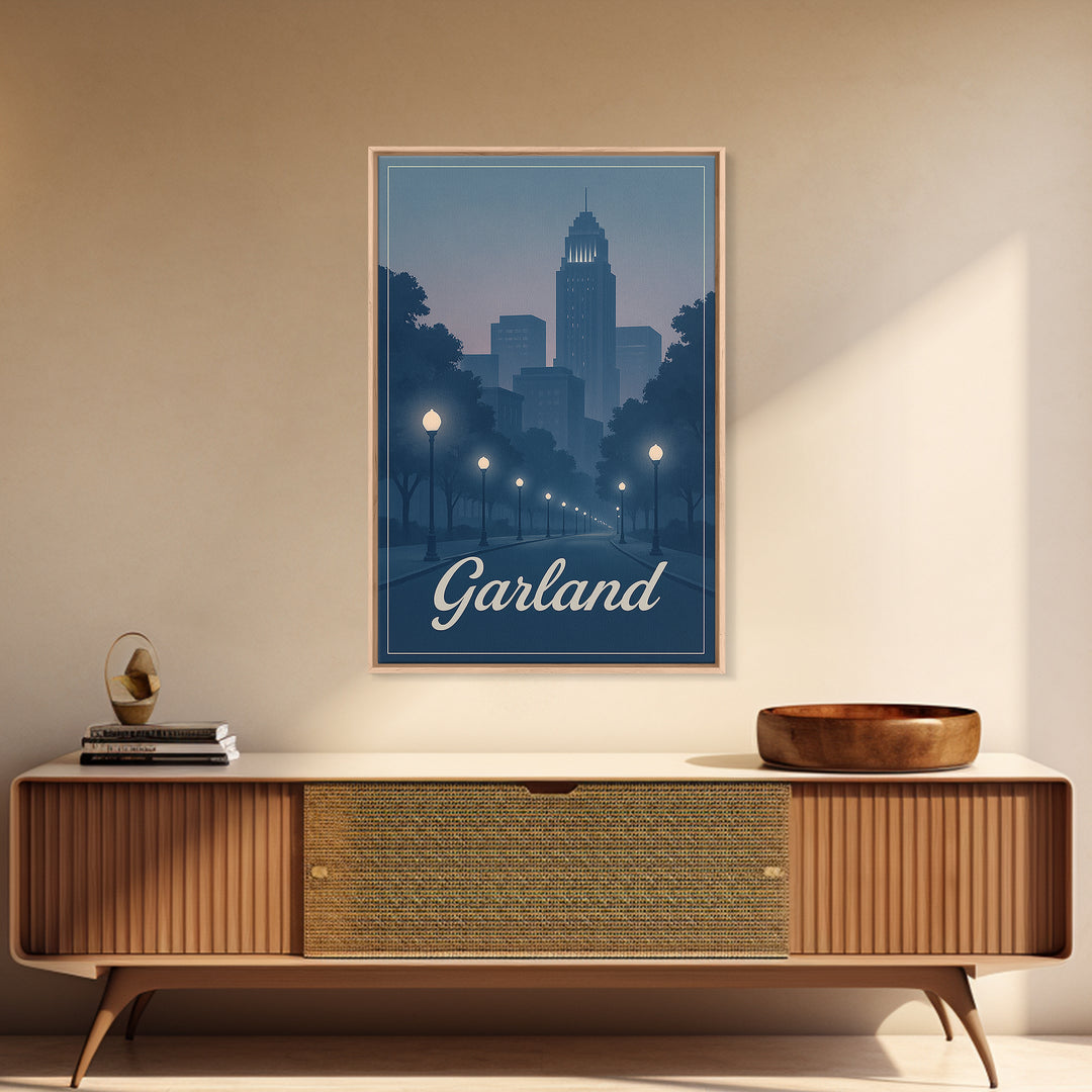 Garland Travel Poster, Canvas Print, Retro Sunset Skyline Art, Garland Poster Print, Wanderlust Decor, Fine Art Print, Modern Wall Decor