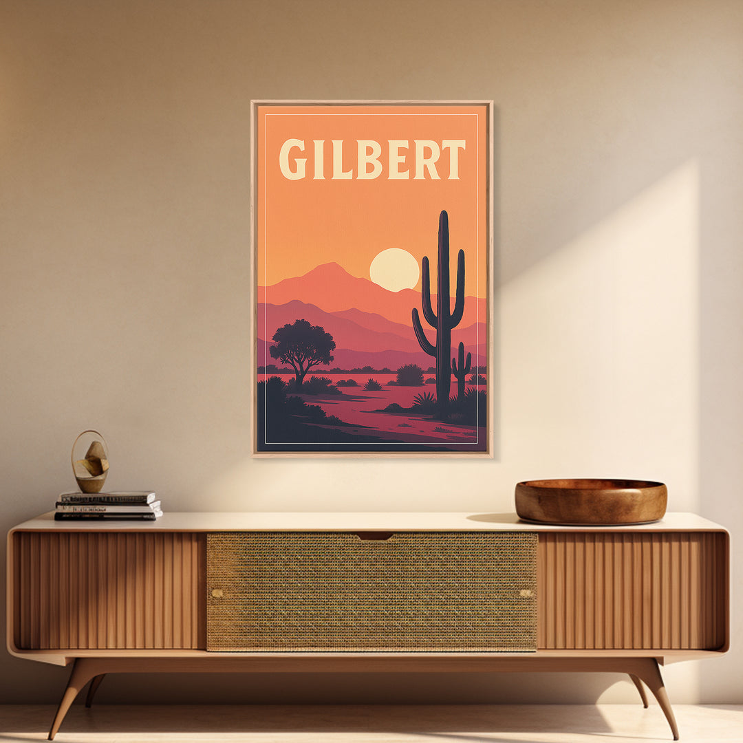 Gilbert Travel Poster, Canvas Print, Retro Sunset Skyline Art, Gilbert Wall Art, Travel Wall Decor, Wanderlust Decor, Fine Art Print