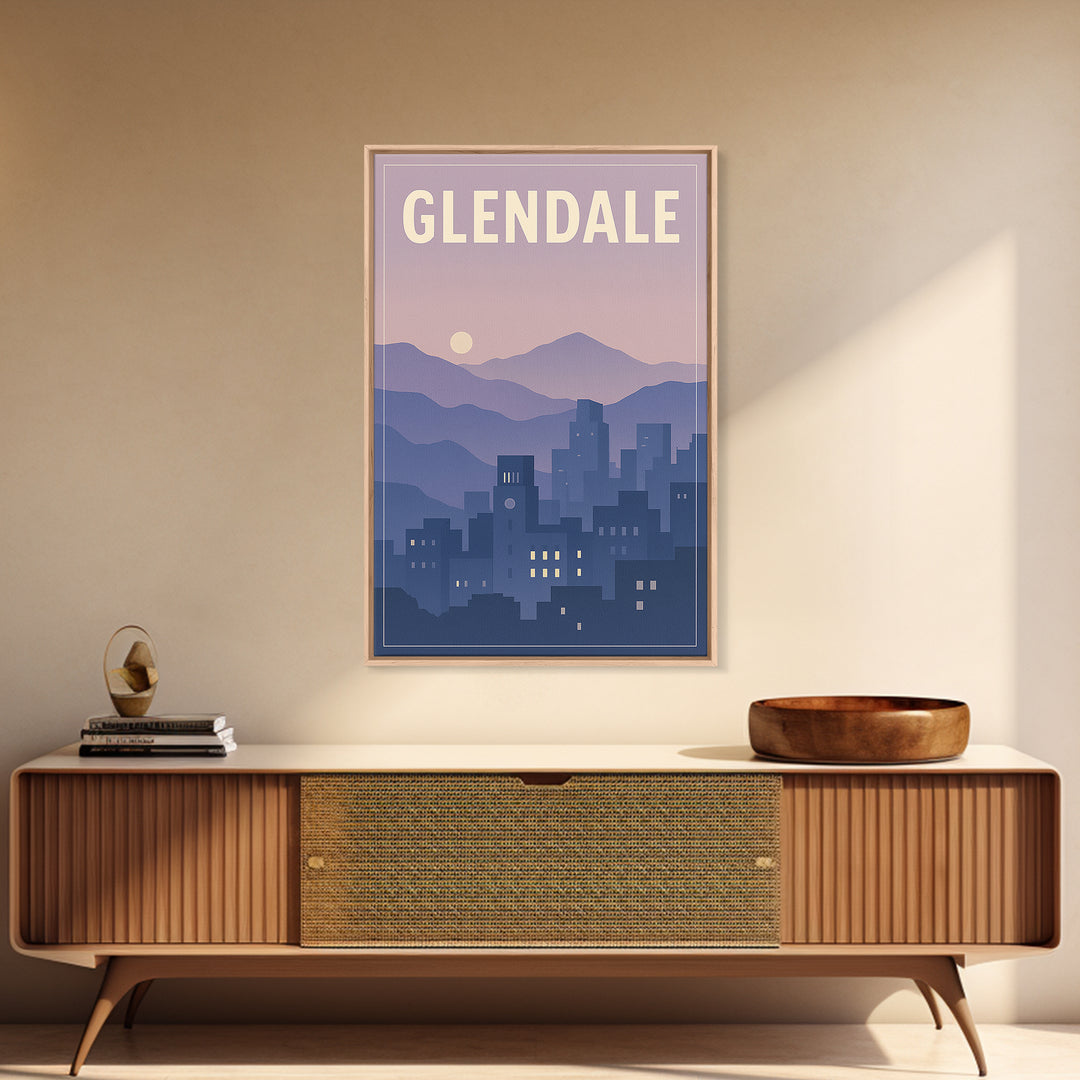 Glendale Arizona Travel Poster, Framed Canvas Print, Retro Sunset Skyline Art, Glendale Art Print, Gift For Travelers, Travel Poster Art