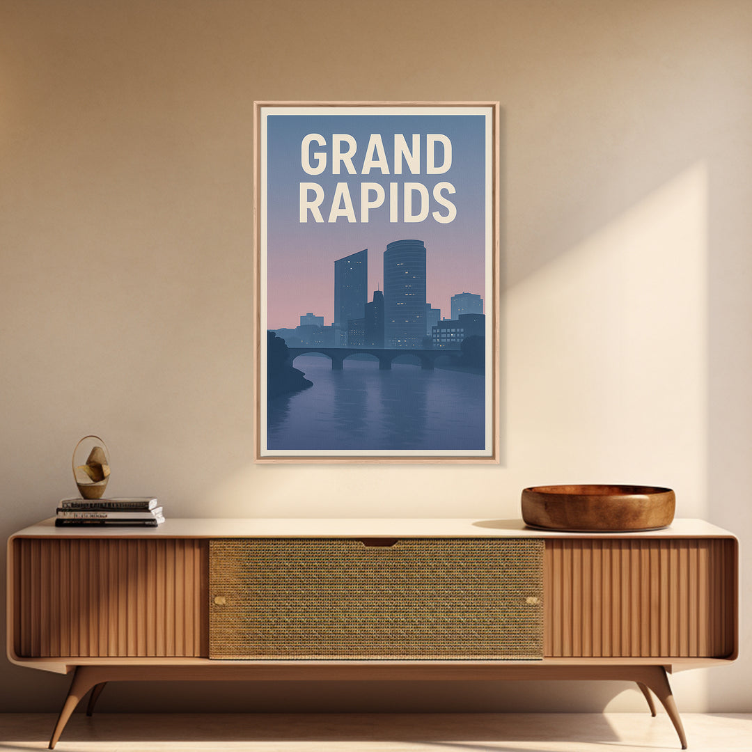 Grand Rapids Michigan Travel Poster, Canvas Print, Retro Sunset Skyline Art, Grand Rapids Art Print, City Art Print, Wall Decor, Wall Art
