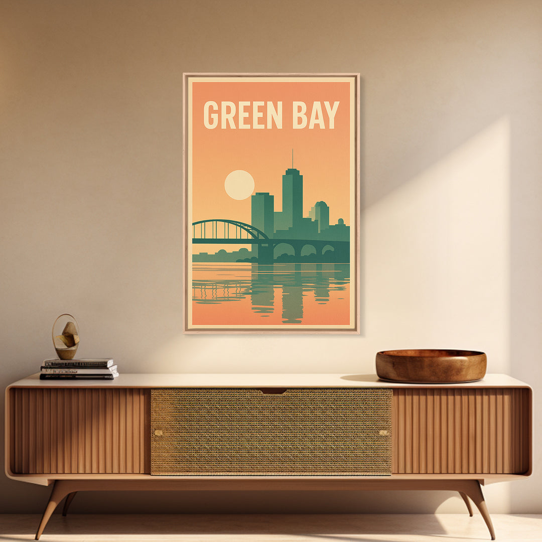 Green Bay Travel Poster, Canvas Print, Retro Sunset Skyline Art, Green Bay Wall Art, Gift For Travelers, Home Office Decor, Home Decor