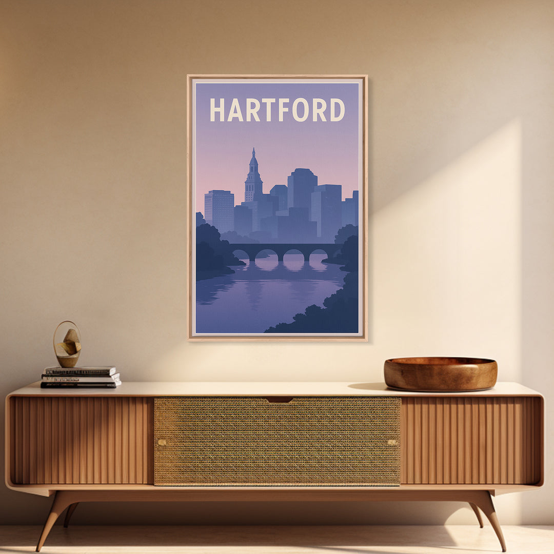 Hartford Travel Poster, Canvas Print, Retro Sunset Skyline Art, Hartford City Art, Travel Wall Decor, City Illustration, Travel Poster Art
