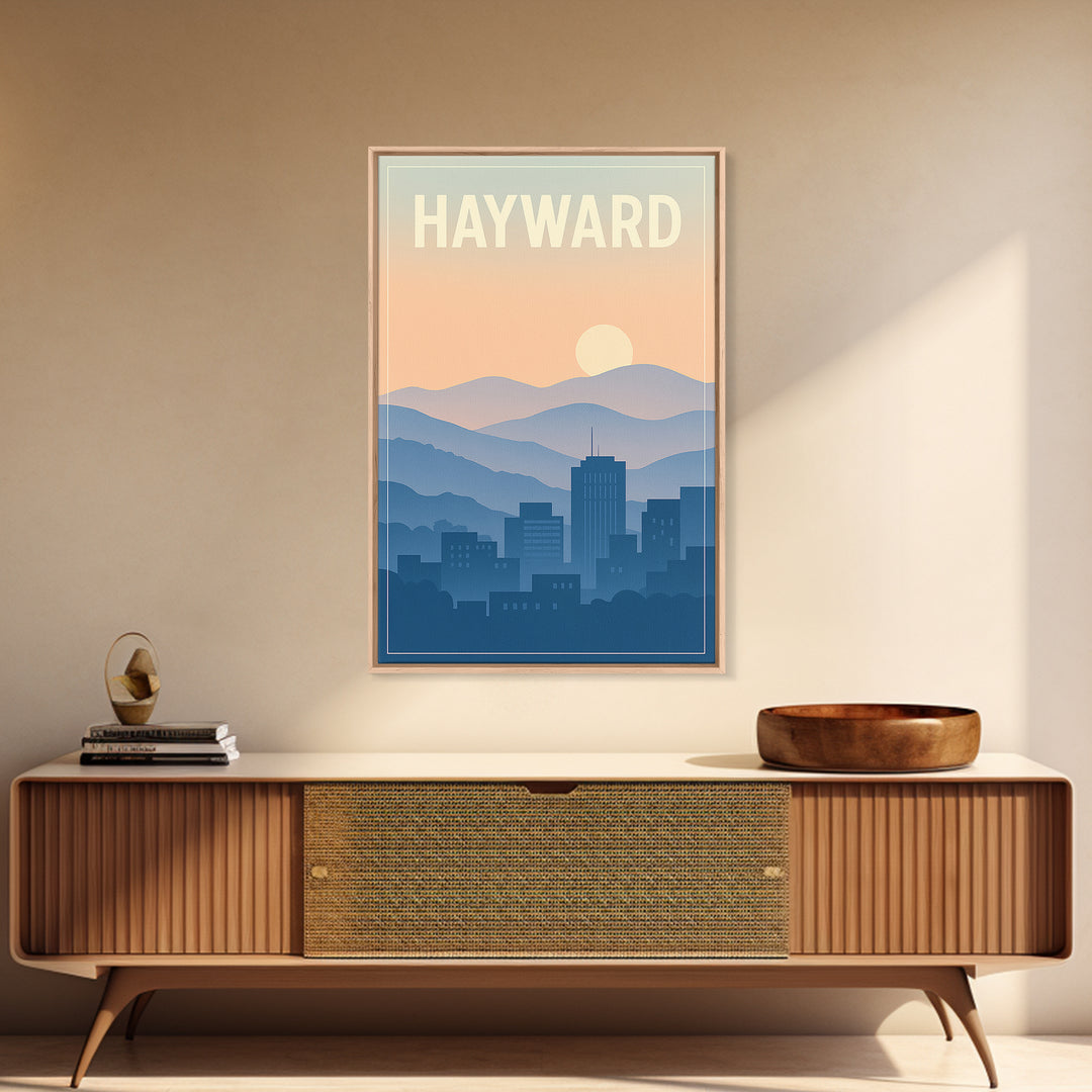 Hayward California Travel Poster, Canvas Print, Retro Sunset Skyline Art, Hayward Art Print, Travel Art Print, Modern Wall Decor, Poster Art