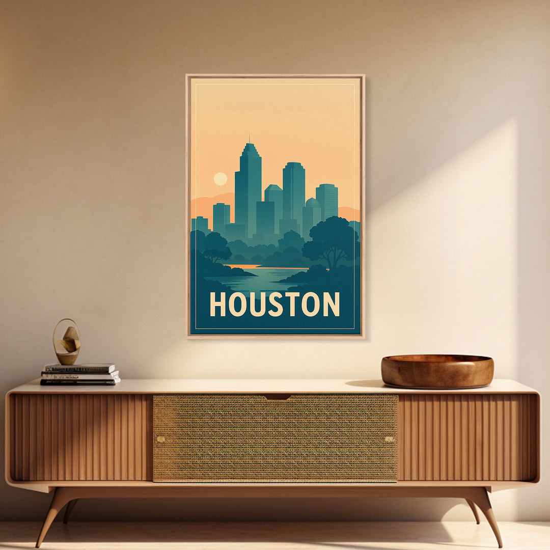Houston Travel Poster, Framed Canvas Print, Retro Sunset Skyline Art, Houston Travel Art, Modern Wall Decor, Living Room Wall Art