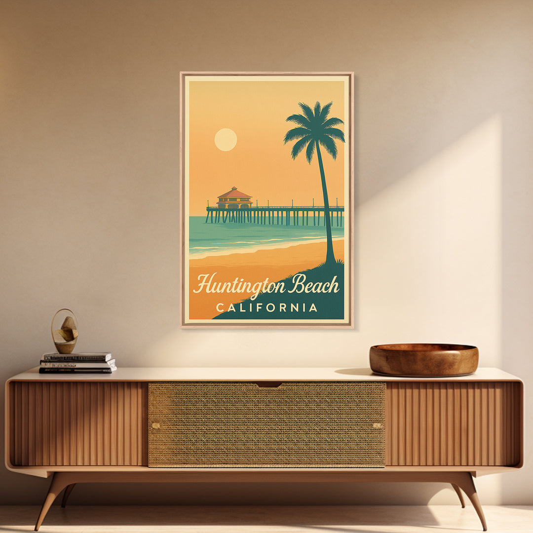 Huntington Beach California Travel Poster, Canvas Print, Retro Sunset Skyline Art, Huntington Beach City Art, Art Print, City Travel Prints
