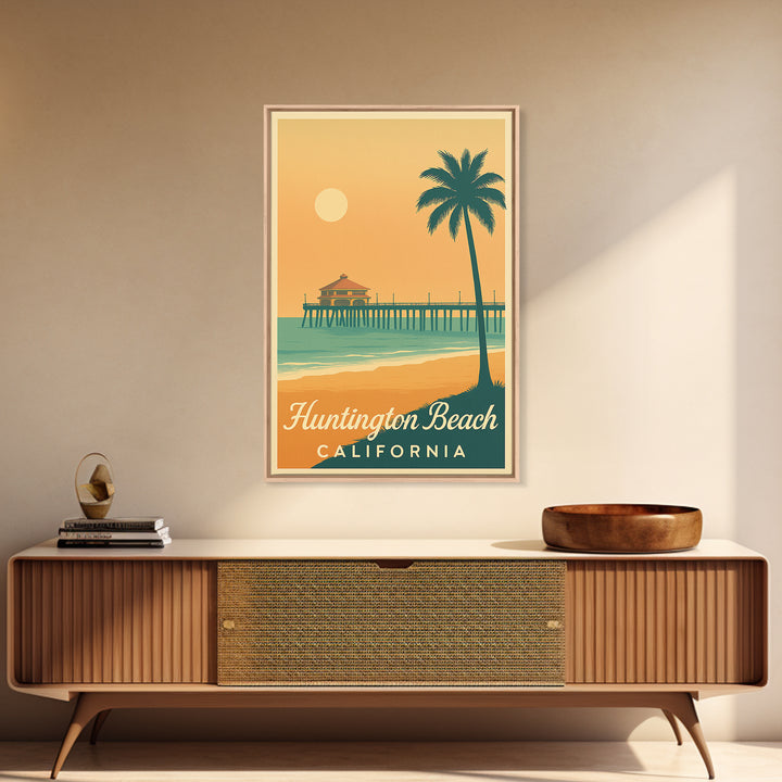 Huntington Beach California Travel Poster, Canvas Print, Retro Sunset Skyline Art, Huntington Beach City Art, Art Print, City Travel Prints