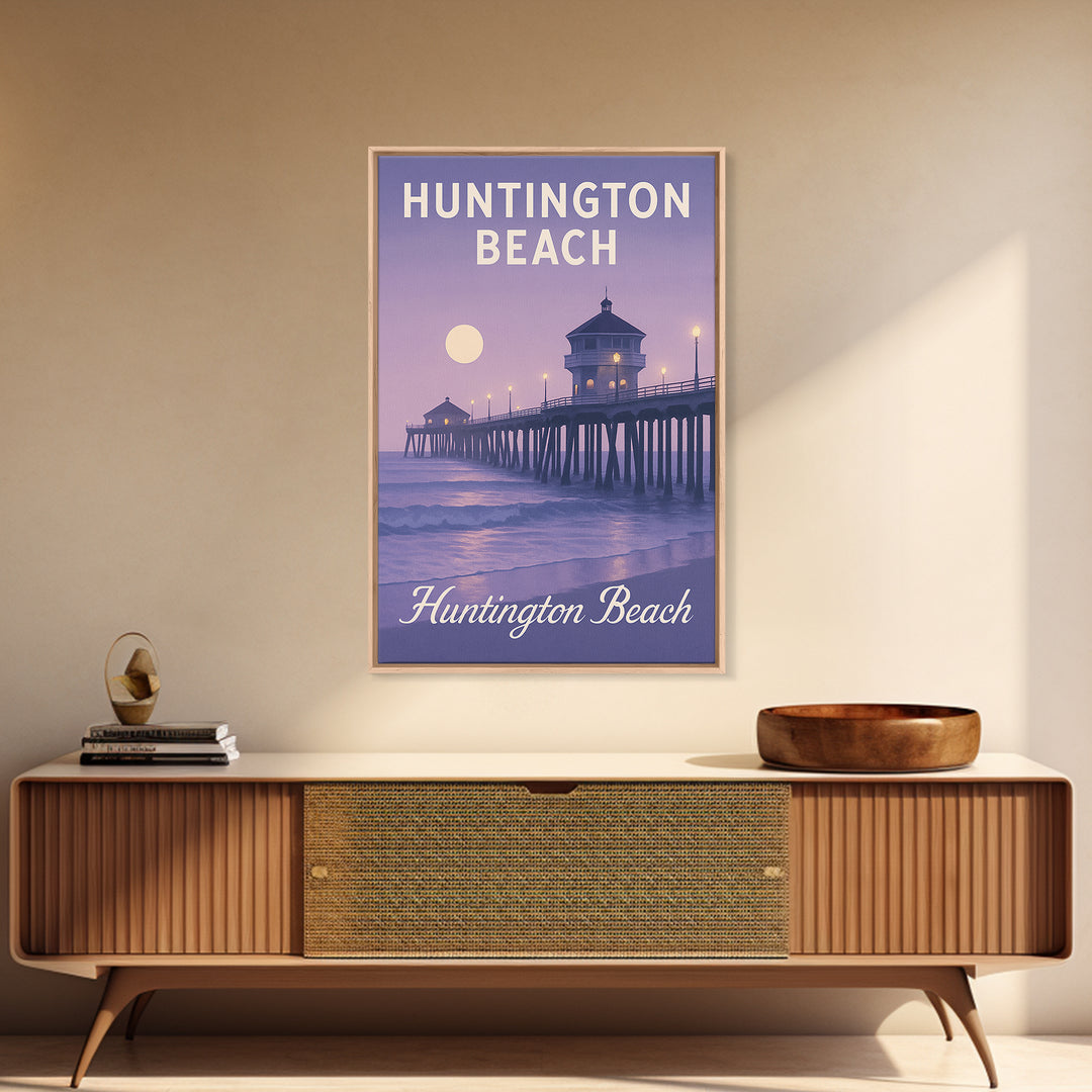 Huntington Beach Travel Poster, Framed Canvas Print, Classic Travel Poster Art, Huntington Beach Travel Art, Travel Wall Art, Design 2