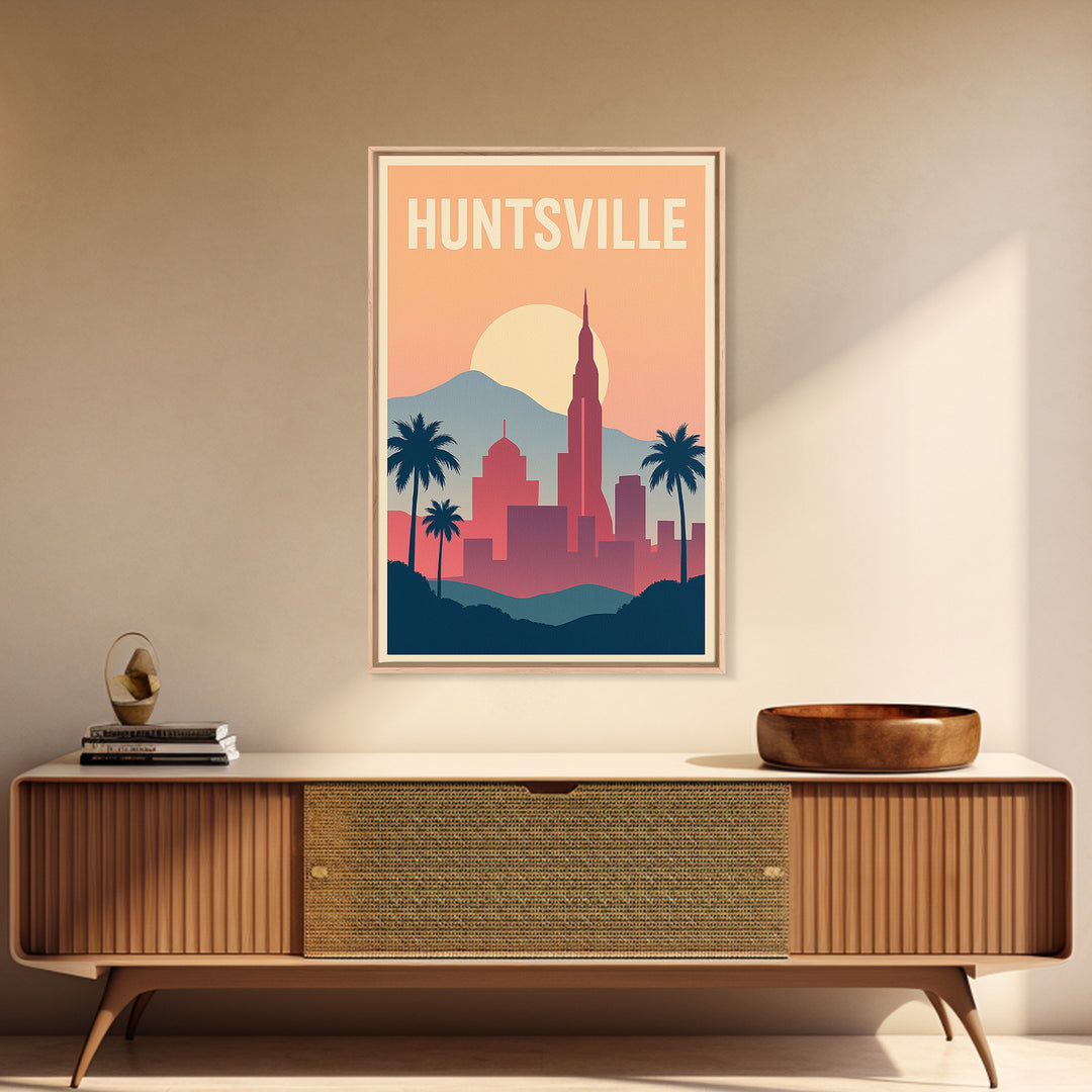 Huntsville Travel Poster, Canvas Print, Retro Sunset Skyline Art, Huntsville Poster Print, City Illustration, Travel Poster Art